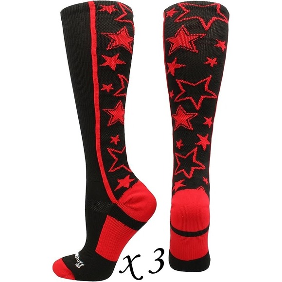 MadSportsStuff Other - 3 Pairs MadSportsStuff Over the Calf Softball Socks - Black w/ Red Stars - Small